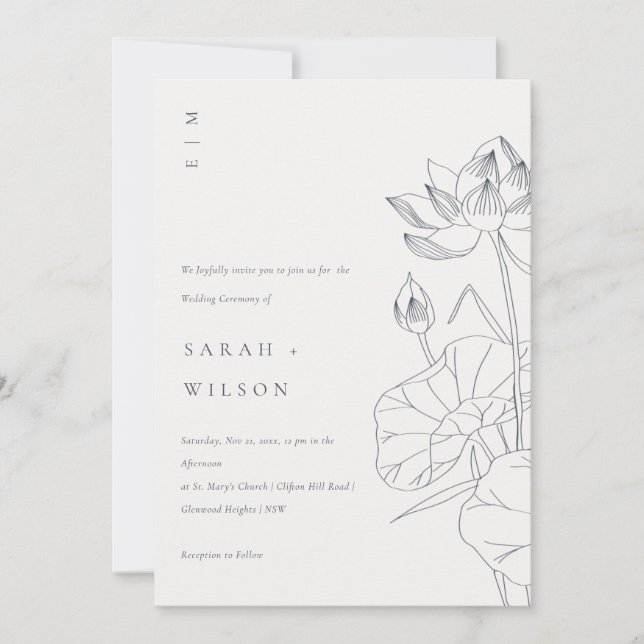 Minimal Waterlily Floral Sketch Wedding Invite (Front)