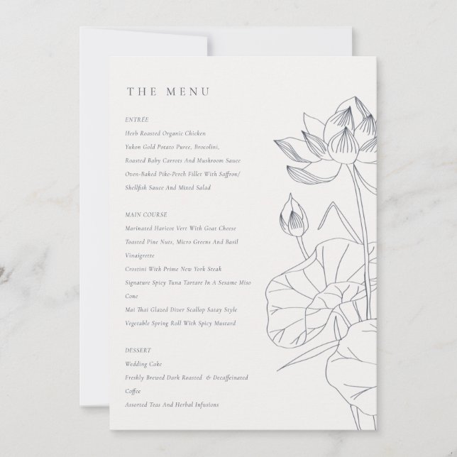 Minimal Waterlily Floral Sketch Wedding Menu Card (Front)