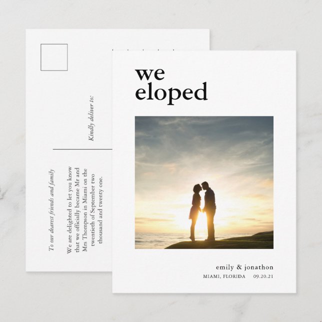 Minimal We Eloped Announcement Photo Black text Postcard (Front/Back)