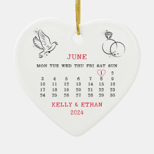 Minimal Wedding Date Married 2024 Ceramic Tree Decoration