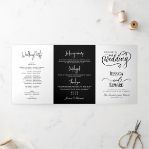 Minimal Wedding Program Black and White Elegant Tri-Fold Programme