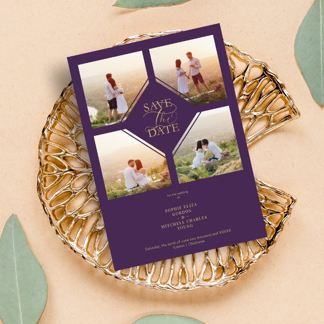 Minimal Wedding Purple & Gold 4-Photos Collage Save The Date (Minimal Wedding Purple & Gold 4-Photos Collage Save the date Card.)
