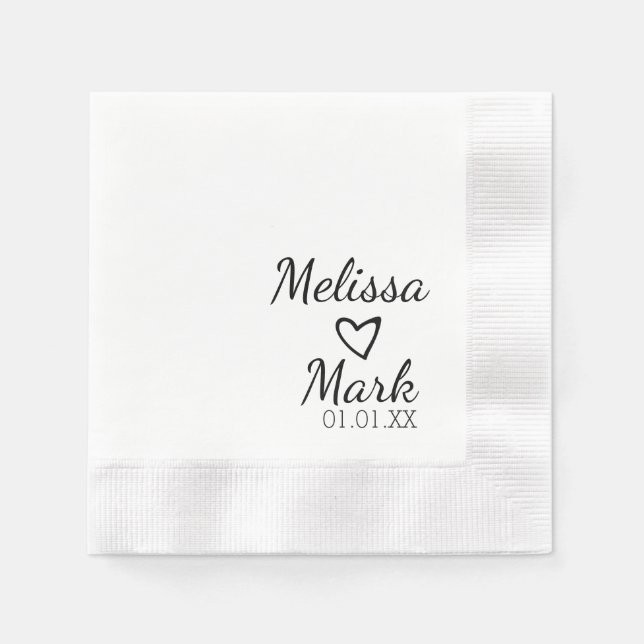Minimal Wedding Simple Black Heart White Monogram Napkin (Front)