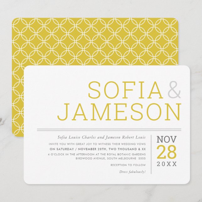 MINIMAL WEDDING simple modern type grey mustard Invitation (Front/Back)