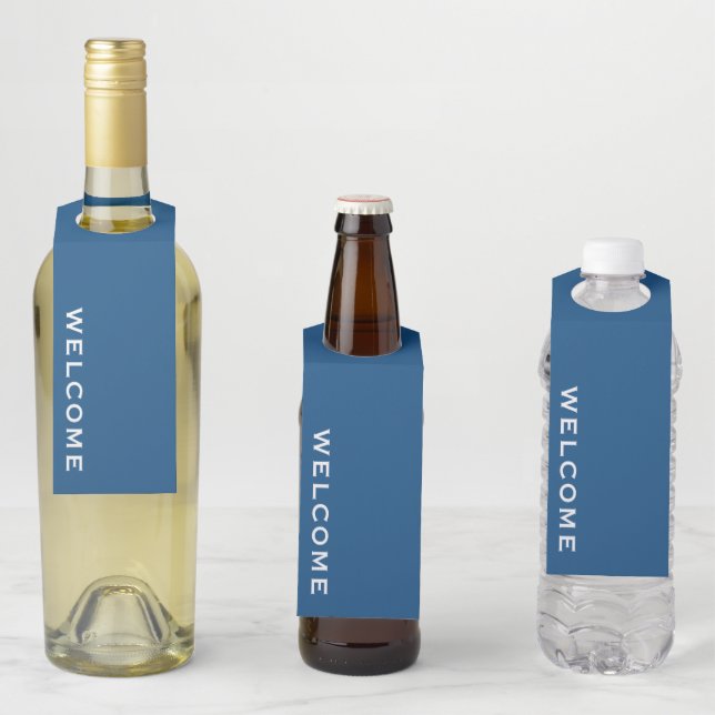 Minimal Welcome Blue Bottle Hanger Tag (In Situ)