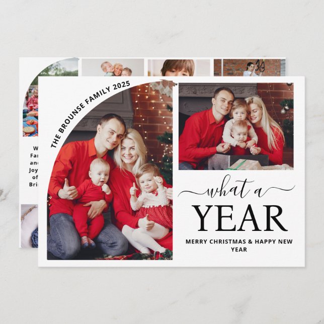 Minimal What a Year Multi Photo Collage Christmas Card (Front/Back)