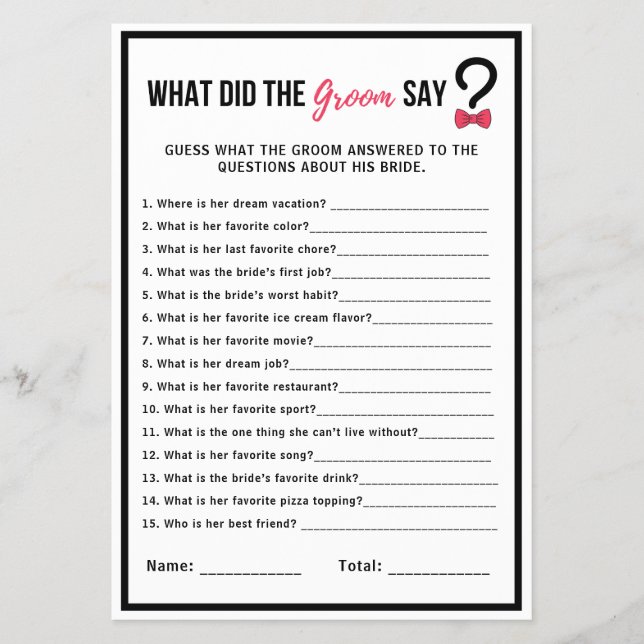 Minimal What Did the Groom Say Bridal Shower Game Flyer (Front)