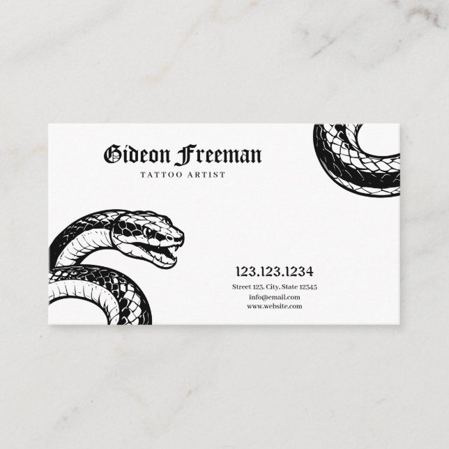 Minimal White and Black Snake Tattoo Artist Business Card (Front)