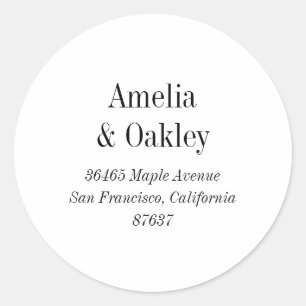 Minimal White Black Elegant Wedding Return Address Classic Round Sticker