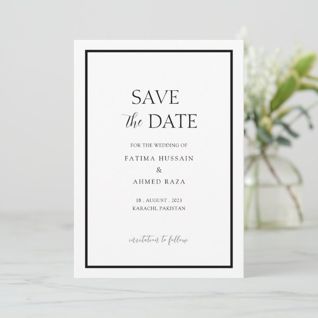 Minimal White Black Frame Muslim Save The Date (Standing Front)