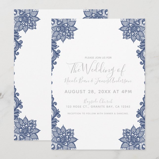 Minimal White & Blue Floral Lace Elegant Wedding Invitation (Front/Back)