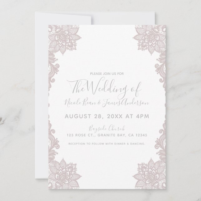 Minimal White Blush Floral Lace Elegant Wedding Invitation (Front)