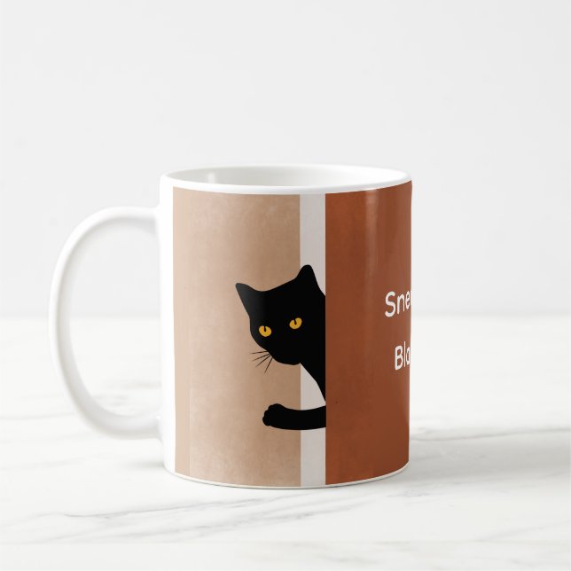Minimal White Brown Sneek Peek Black Cat Custom Coffee Mug (Left)