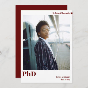Minimal White Burgundy Photo PhD Graduation Announcement
