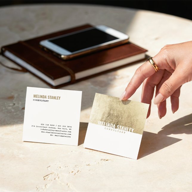 Minimal white chic gold foil elegant colour block square business card (Minimal white chic gold foil elegant color block)