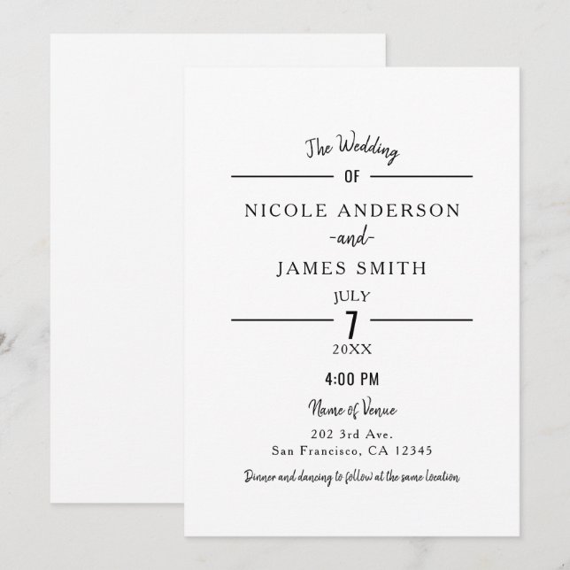 Minimal White Clean Classic Simple Wedding Invitation (Front/Back)