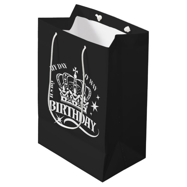 Minimal White Crown Birthday Typography Black Medium Gift Bag (Front Angled)