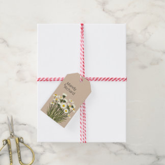 Minimal White Daisy Flowers on Beige Background Gift Tags