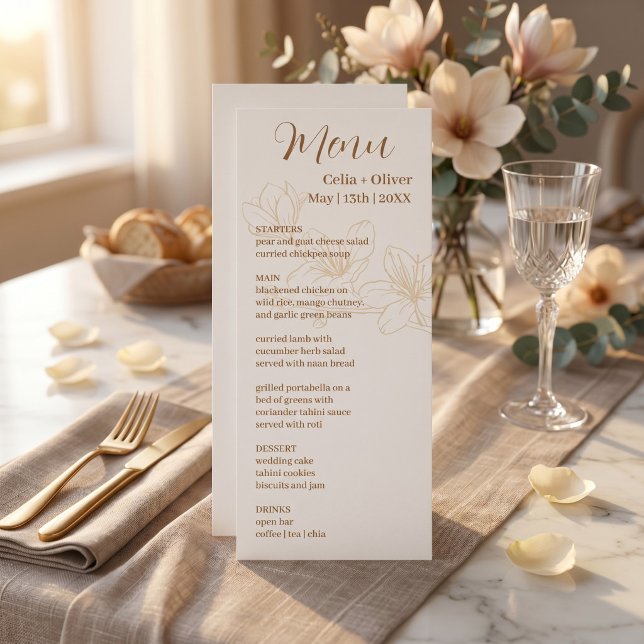 Minimal White Floral Wedding Menu Card with Elegan (Minimal White Floral Wedding Menu Card with Elegant Blooming Design)