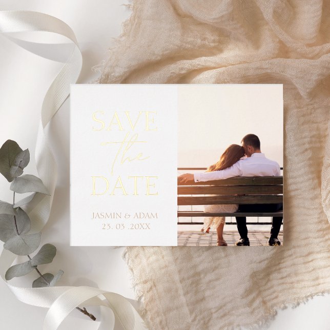 Minimal White Gold Photo Wedding Save the Date Foil Holiday Postcard (Creator Uploaded)