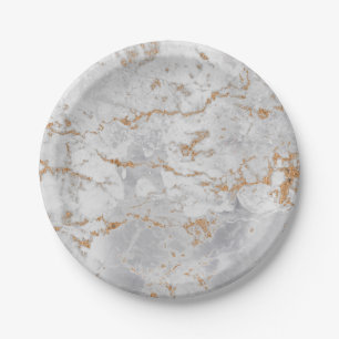 Minimal White Gray Carrara Gold Marble Grungy Silv Paper Plate