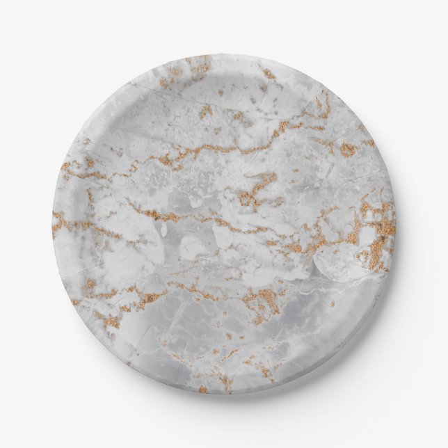 Minimal White Gray Carrara Gold Marble Grungy Silv Paper Plate (Front)