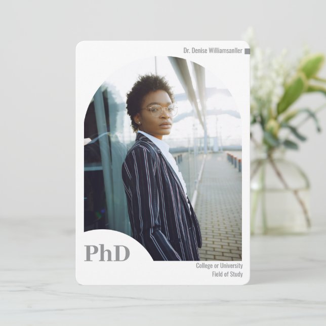 Minimal White Grey Arch Photo PhD Graduation Announcement (Standing Front)