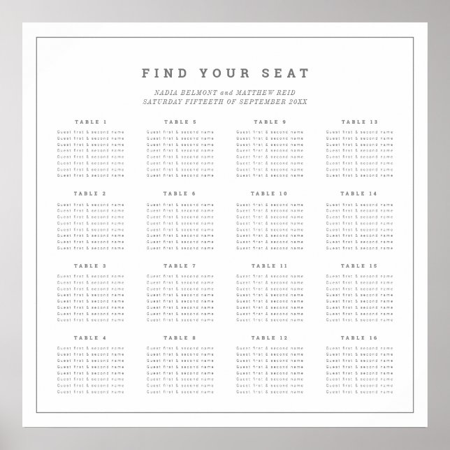 Minimal white grey wedding 16 table seating chart (Front)