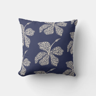 Minimal White Hibiscus Floral Navy Blue Design Cushion