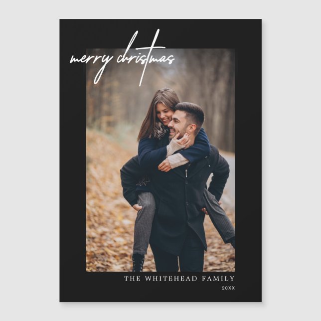 Minimal White Merry Christmas Black Magnetic Card (Front)