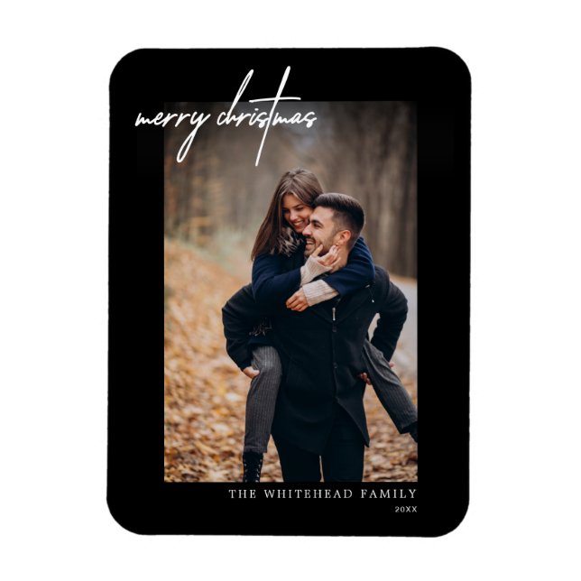 Minimal White Merry Christmas Card Black Magnet (Vertical)