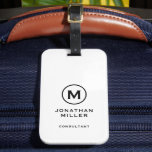 Minimal White Modern Typographic Monogram Luggage Tag<br><div class="desc">A minimalist vertical design in modern style with a black and white monogram emblem with large typographic initial monogram on a plain simple white background. The text can easily be customised using the fields provided.</div>