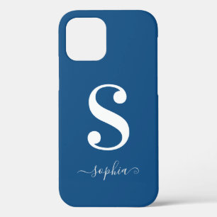 Minimal White Monogram Grey Script Name on Blue iPhone 12 Case
