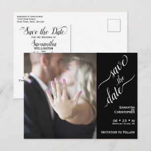 Minimal White on Black Wedding Save the Date Photo Postcard
