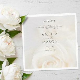 Minimal White Rose Elegant Script Wedding Welcome Napkin