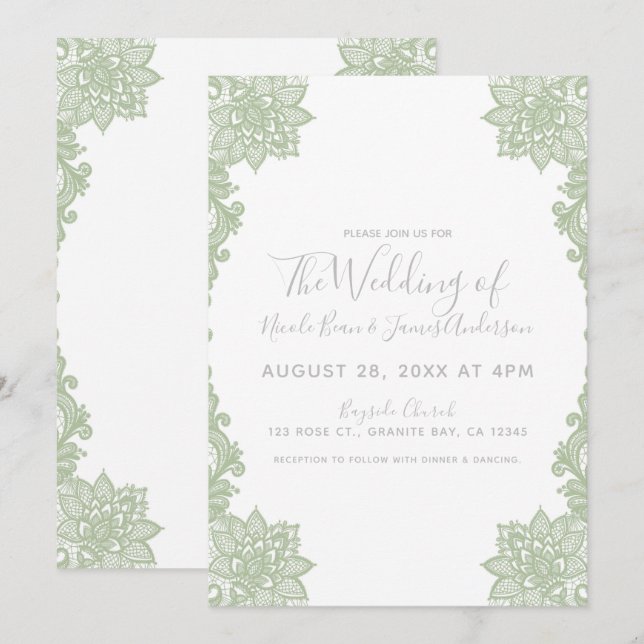 Minimal White & Sage Floral Lace Elegant Wedding Invitation (Front/Back)