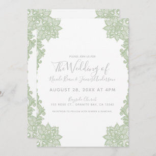 Minimal White & Sage Floral Lace Elegant Wedding Invitation