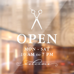 Minimal White Scissors Welcome Open Hours Window C Cling