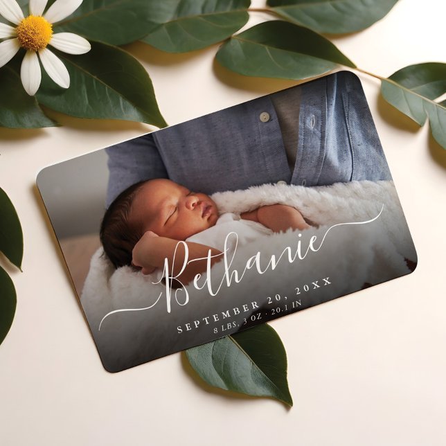 Minimal White Script Baby Name Overlay Baby Photo Magnet (Minimal White Script Baby Name Overlay Baby Photo Magnet)