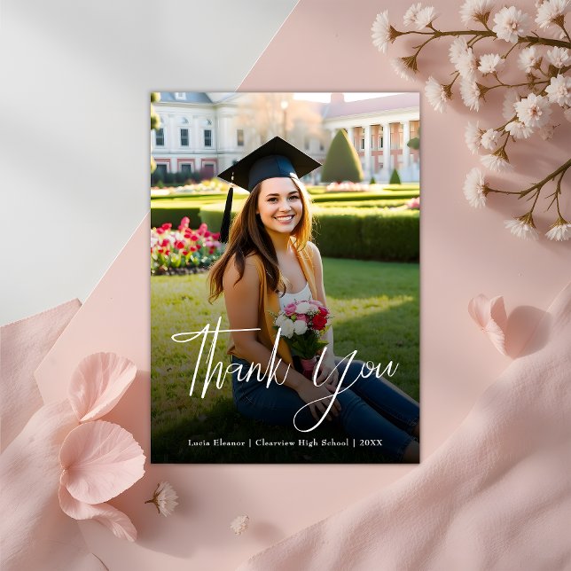 Minimal White Script Typography Graduation Photo Thank You Card (Creator Uploaded)