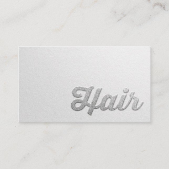Minimal White Silver Embossed Text Hair Stylist Appointment Card (Front)