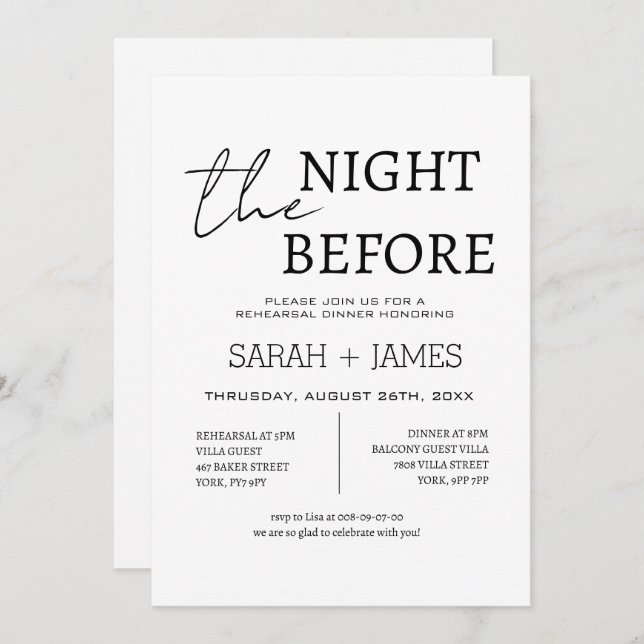 Minimal White the Night Before Rehearsal Dinner  Invitation (Front/Back)