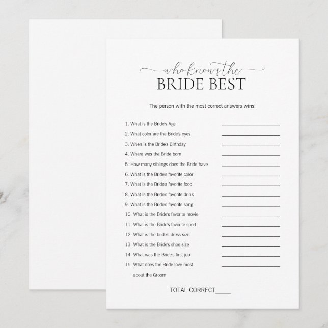 Minimal Who Knows The Bride Bridal Shower Game Invitation (Front/Back)