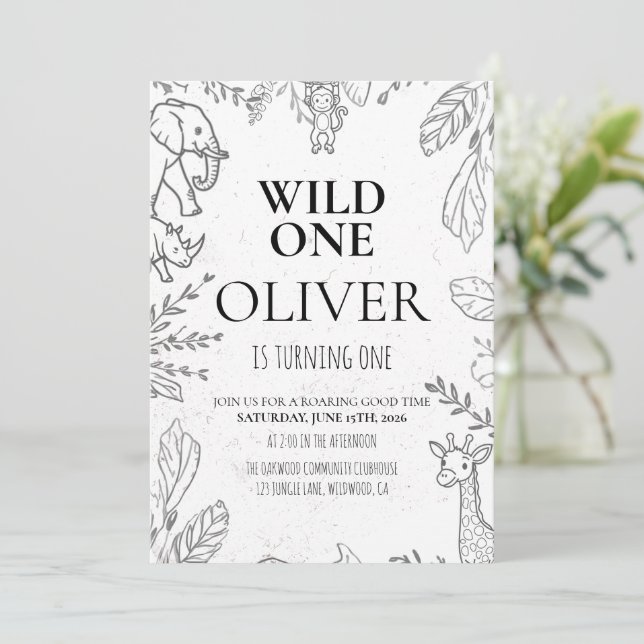 Minimal Wild One Safari 1st Birthday Party Invitation (Standing Front)