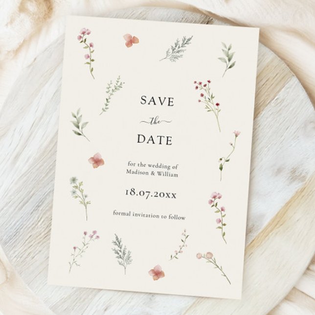 Minimal Wildflower Beige Boho Floral Wedding Save The Date (Creator Uploaded)