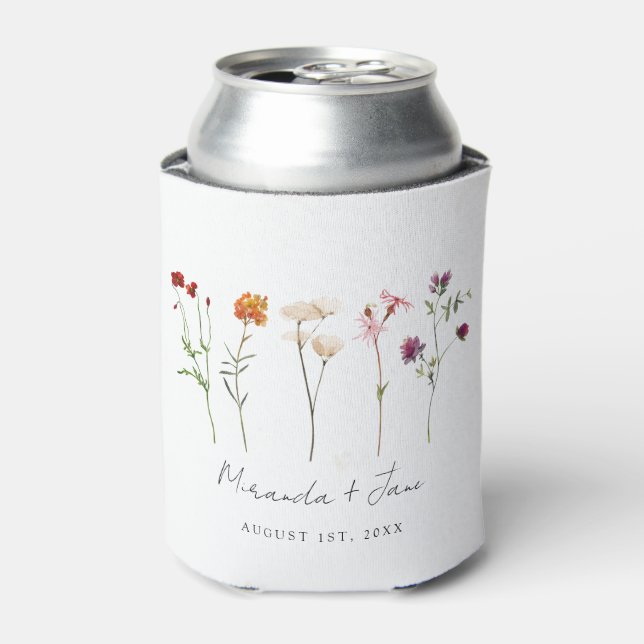 Minimal Wildflower Lesbian Pride Floral Wedding Can Cooler (Can Front)