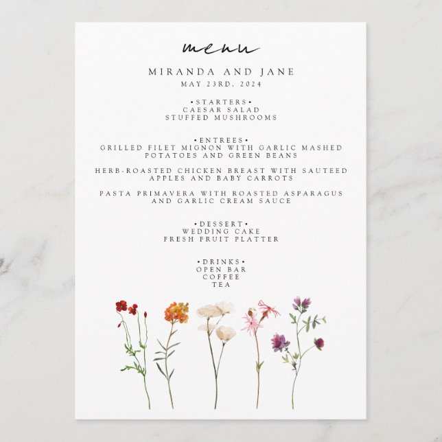 Minimal Wildflower Lesbian Pride Floral Wedding Menu (Front)