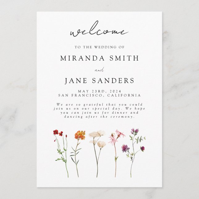 Minimal Wildflower Lesbian Pride Floral Wedding Programme (Front)