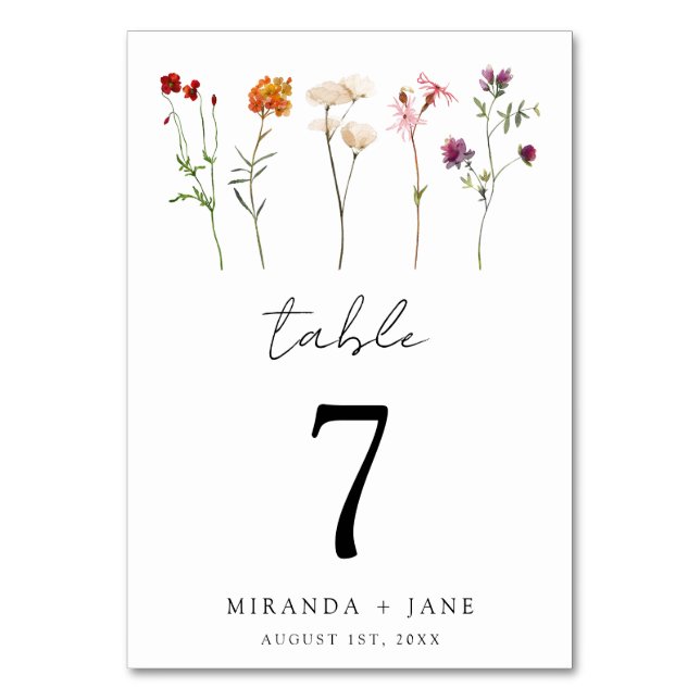 Minimal Wildflower Lesbian Pride Floral Wedding Table Number (Front)