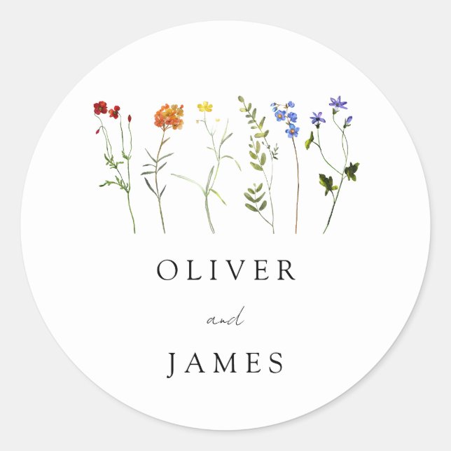Minimal Wildflower LGBTQ Gay Pride Floral Wedding Classic Round Sticker (Front)